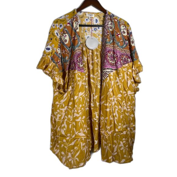 Umgee Boho Mixed Print Kimono Cardigan Paisley & Floral Gold Light Layer S M L - Picture 6 of 8